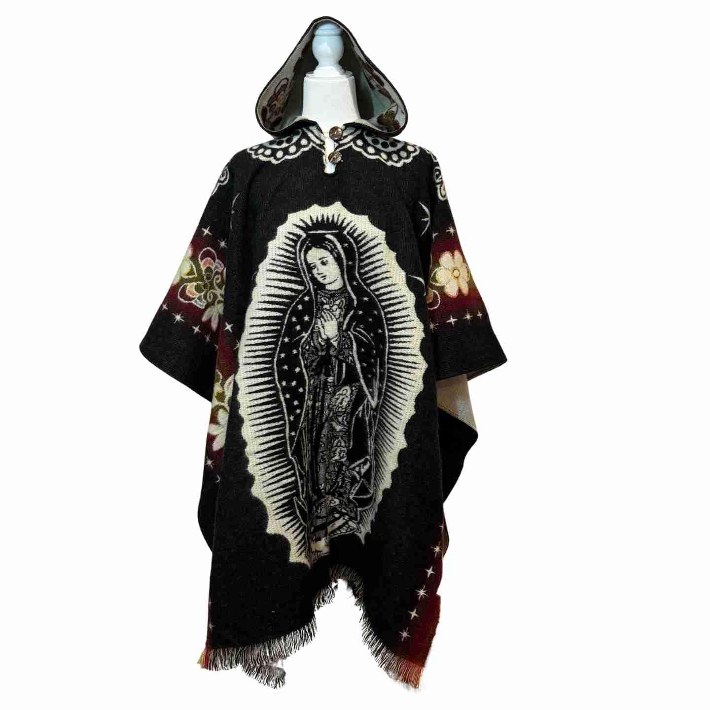 Alpaca Wool Poncho (Our Lady of Guadalupe) Cozy Unisex Cape with Hood. Crafted by Artisans from the Andes. One Size Gift Idea FREE Shipping