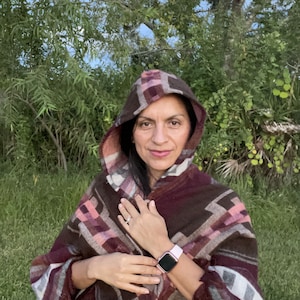 Brown Maroon V-Shaped Style Hooded Poncho with Fringes, Unisex Cape, One Size