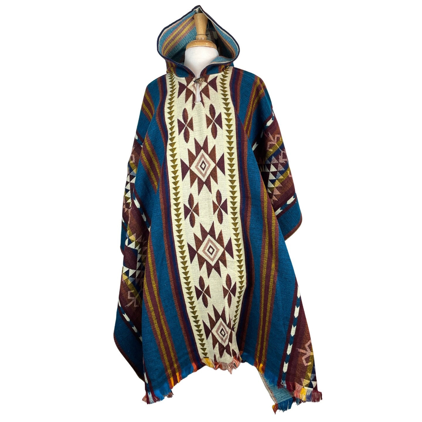 Dark Teal Colorful Mens Alpaca Wool Poncho Hoodie | Hooded Cape Poncho Women