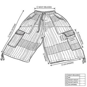May include: A black and white line drawing of cargo shorts featuring a drawstring waist, side cargo pockets with flaps, and a striped pattern. The illustration includes measurement labels for waist, hip, outseam, inseam, crotch rise, and pocket dimensions.
