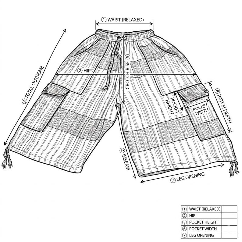 May include: A black and white line drawing of cargo shorts featuring a drawstring waist, side cargo pockets with flaps, and a striped pattern. The illustration includes measurement labels for waist, hip, outseam, inseam, crotch rise, and pocket dimensions.