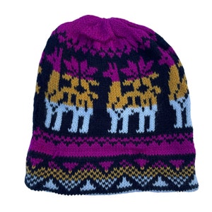 Soft Knitted Beanie Hat | Chemo Headwear | Snowboard Fitted Alpaca Hat | Peruvian Chullo Llama Magenta Black