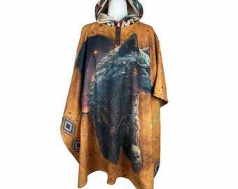 Wolf Poncho for him Mothers Day Poncho for her Handmade Perfect Mothers Day gift present for her or him color is Mustard Teal