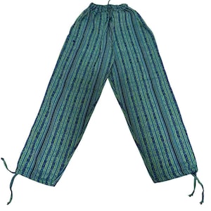 May include: Green and blue striped pants with a drawstring waist and ankle ties. The pants have a vertical stripe pattern with a repeating floral design. The fabric appears to be lightweight and suitable for casual wear.
