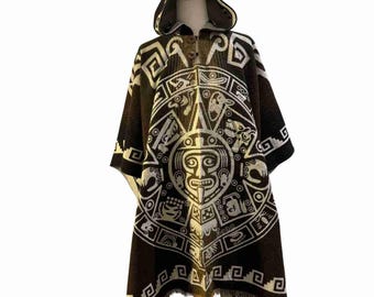 Poncho com capuz em lã de alpaca com calendário asteca, capa mexicana com pedra do sol, presente para ele e para ela.