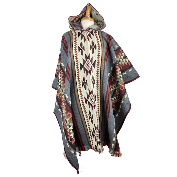 Brown Colorful Unisex Alpaca Wool Poncho With Hood, One Size