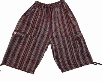 Bohemian Comfy High Waist Cargo Shorts 4 Pockets Size 2XL - Versatile Unisex Style Shorts - Dark Magenta Orange Yellow