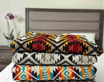 100% Sheep Wool Blanket Queen Size, Heavy Bedspread, Handwoven Geometric Southwestern Wool Winter Bedding