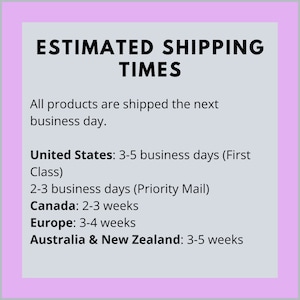 May include: A light gray rectangular informational sign with a lavender border. The text reads: ESTIMATED SHIPPING TIMES. All products are shipped the next business day. United States: 3-5 business days (First Class), 2-3 business days (Priority Mail).