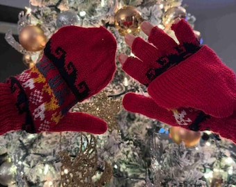 Handgemaakte alpaca converteerbare wanten, zachte warme gebreide handwarmer, vingerloos, wollen handschoenen met halve vingers maat SM kleurrijk