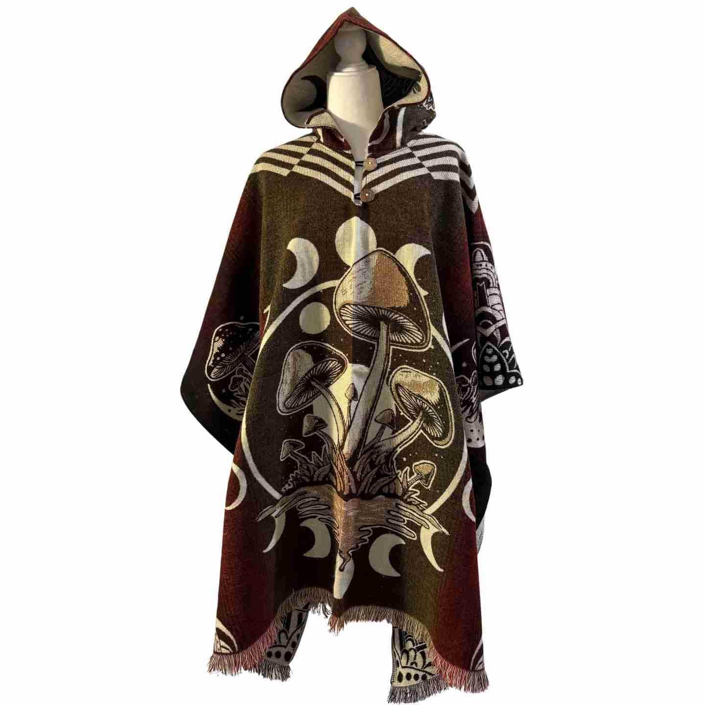 Mushrooms and Moon Phases Alpaca Wool Poncho Hoodie, Unisex Cape
