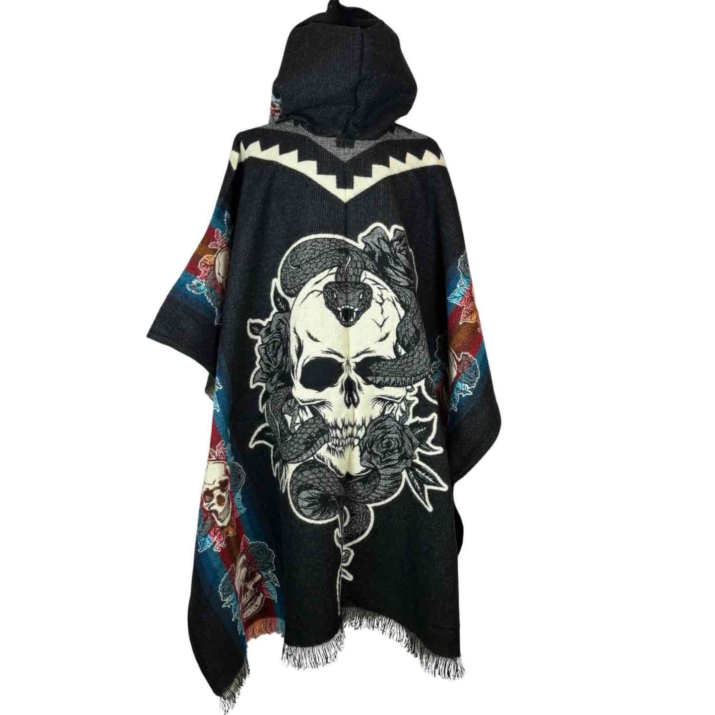 Unisex Alpaca Wool Poncho Hoodie (cobra Snake Skull Roses) Warm