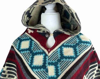 Valentines Day Gift Warm Cozy Boho Alpaca Wool Hooded Poncho - Winter Soft Outerwear for Women, Wine Beige Teal V Style Cape with Tassels