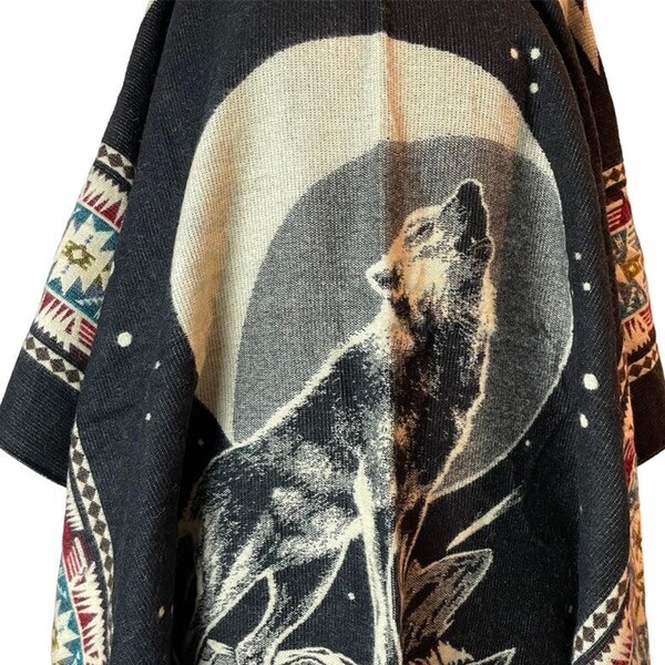 Wolf Moon Poncho | Poncho Coat Women | Wool Poncho | Warm Hoodie Poncho | Hippie Poncho | Mens Poncho Hoodie | Black Colorful