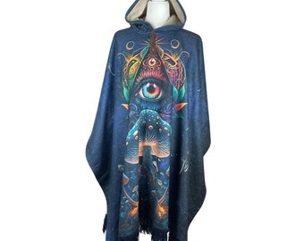 Handmade Warm Blue Hooded Poncho with Fringes for Husband or Boyfriend, Coat Hoodie for Her or Him,  Ideal Gift for Mothers Day, Third Eye