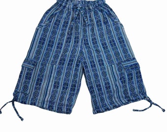 Bohemian Comfy High Waist Cargo Shorts 4 Pockets Size S - Versatile Unisex Style Shorts - Brilliant Blue White