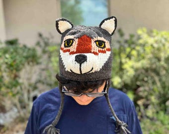 Wolf Animal Beanie Hat Handwoven Wool Fleece Lined Kids Adults Stretchy Warm Winter Hat