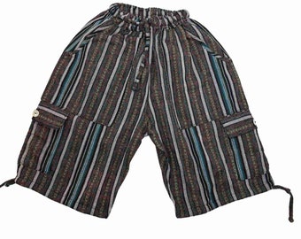 Bohemian Comfy High Waist Cargo Shorts 4 Pockets Size M - Versatile Unisex Style Shorts - Brown Green