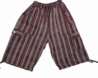 Bohemian Comfy High Waist Cargo Shorts 4 Pockets Size S - Versatile Unisex Style Shorts - Dark Magenta Orange Yellow