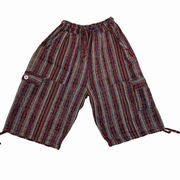 Bohemian Comfy High Waist Cargo Shorts 4 Pockets Size S - Versatile Unisex Style Shorts - Dark Magenta Orange Yellow