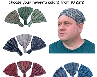 3 Pack Mens Headbands | Wide Hippie Boho Headband | Yoga Hairbands Bundle |  Set of 3 Head cover | Stocking Stuffers Mother's Day Gift