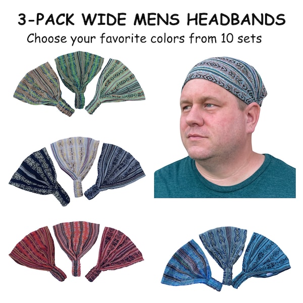 3 Pack Mens Headbands | Wide Hippie Boho Headband | Yoga Hairbands Bundle |  Set of 3 Head cover | Stocking Stuffers Mother's Day Gift