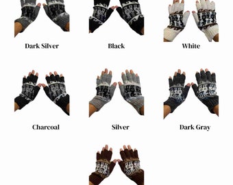 Alpaca Fingerless Gloves, Soft & Warm Knit Winter  Fingerless Gloves,  Hand Warmer Wool Gloves Size SM Neutral Gloves with Design