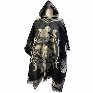 Mushrooms and Moon Phases Alpaca Wool Poncho Hoodie, Unisex Cape, Terracotta - Brown, One Size