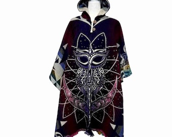 Boho Owl Moon Hooded Poncho Woven Celestial Festival Cape Witchy Mystic Cloak