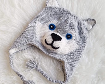 Chapeau d'hiver | Bonnet gris clair Husky avec oreillettes | Bonnet animal | Bonnet d'hiver en laine |  Cadeau| Cadeau Saint-Valentin