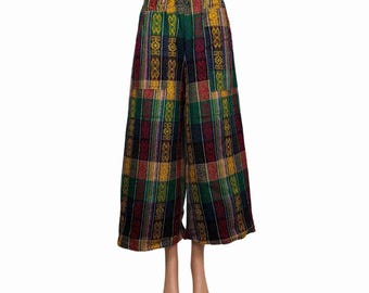 ポケット付きボヘミアンパラッツォパンツ、ワイドレッグフェスティバルパンツ、ユニセックスヒッピートラウザーズ、倫理的に作られた織りコットン、ヨガラウンジパンツ（サイズM）