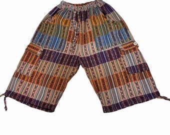 2XL Plus Size Boho Cargo Shorts, Unisex Striped Festival Shorts with Pockets, Woven Hippie Summer Clothes Men Women, Various Colors