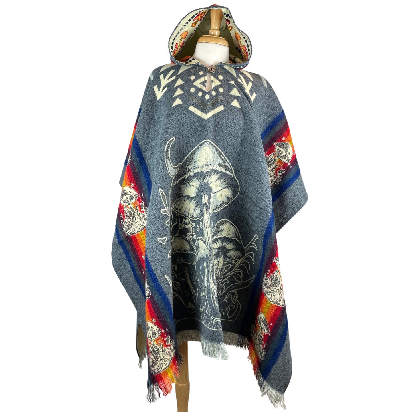 Mushrooms Mens Alpaca Wool Poncho Hoodie, Warm Hooded Cape, Soft