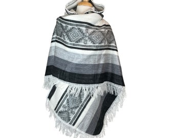 Warm Hooded  Unisex Alpaca Open Poncho | Soft Wool Poncho Women |  Hooded Cape | Hippie Mens Poncho Hoodie | White Shades of Gray