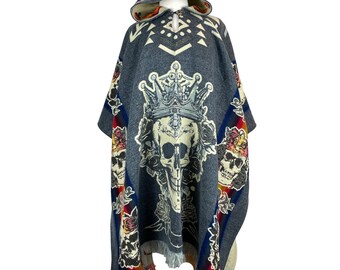 Skeleton King Skull Mens Alpaca Wool Poncho Hoodie | Hooded Cape | Warm Poncho | Hippie Poncho | Poncho Women | Black - Brown - Gray - Teal