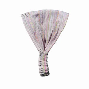 May include: A wide fabric headband featuring a light lavender base color with vertical stripes in shades of yellow, pink, and blue. The accessory has a gathered, elasticized section at the bottom to ensure a secure fit around the head.