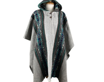 Mothers Day Gift Weighted Hippie Hooded Sheep Wool Overcoat | Mens Poncho | Warm Unisex Womens Cape | Silver Gray Turquoise