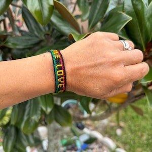 ONE LOVE Bracelet, Reggae Rastafari Boho Bracelet, Jamaican Rasta Adjustable Friendship Bracelet, Woven Bracelet for Men or Women