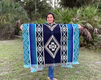 poncho cadeau fête des mères | Poncho en alpaga doux et chaud avec capuche | Poncho géométrique à franges | Bleu turquoise | Cadeau de Noël