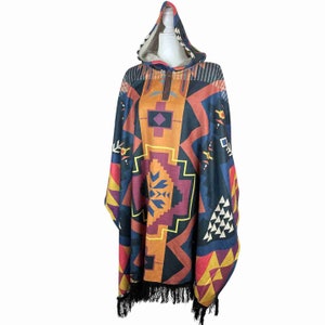 Cozy Unisex Hooded Poncho with Tassels: Handmade Winter Coat for Her or Him, Navy Orange Yellow