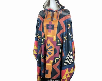 Cozy  Unisex Hooded Poncho with Tassels: Handmade Winter Coat for Her or Him - Perfect Mothers Day Gift - Navy Orange Yellow
