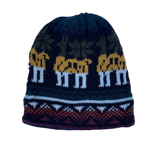 Soft Knitted Beanie Hat | Chemo Headwear | Snowboard Fitted Alpaca Hat | Peruvian Chullo Llama Emerald Mustard