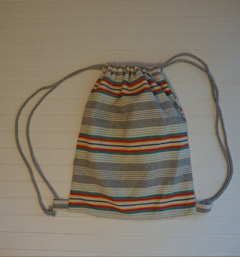 Boho Bag Big Striped Drawstring Backpack Summer Backpack Gray Green White Cinch Sack Ethnic Bag