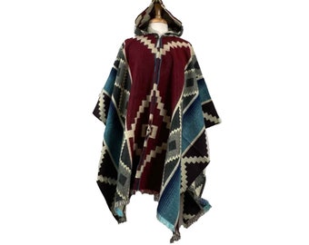 Alpaka Poncho | Poncho Damen | Wollponcho | Kapuzencape | Warmer Kapuzenpullover Poncho | Hippie Poncho | Herren Poncho Hoodie | Rot Hellblau