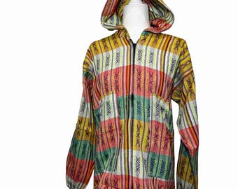 Handcrafted Unisex Cotton Blend Festival Jacket with Pockets, Zip-Up Baja Hoodie Size M