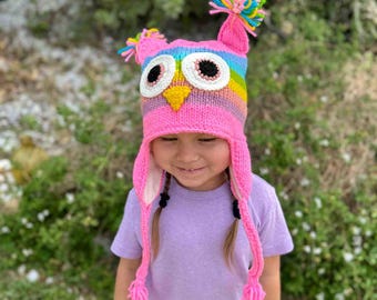 Pink Rainbow Owl Beanie Hat Handwoven Wool Fleece Lined Kids Adults Stretchy Warm Winter Hat