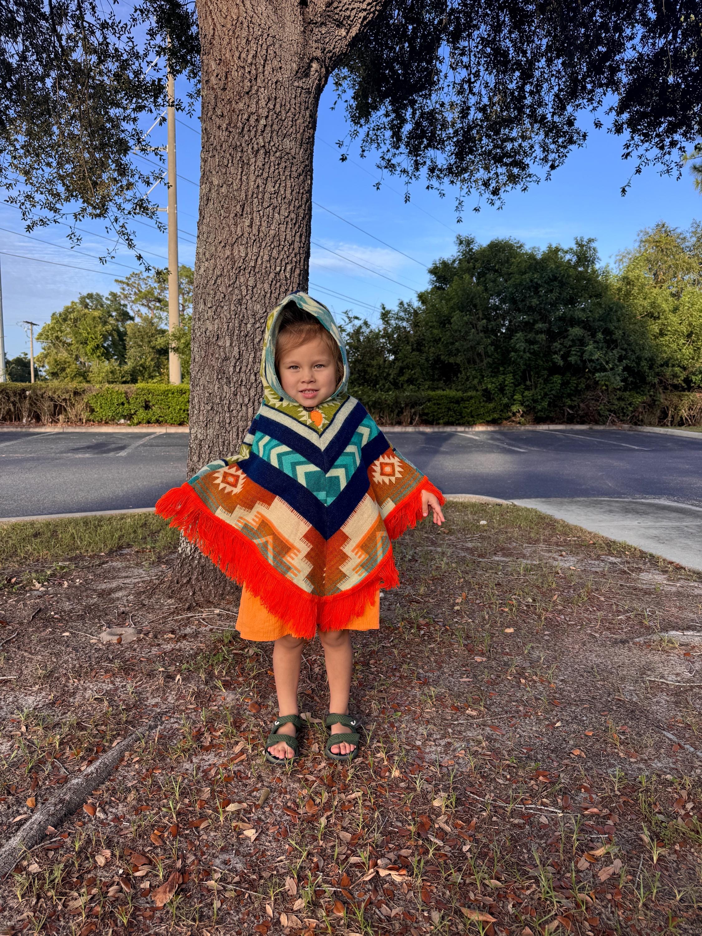 Kids Alpaca Hooded Poncho Size 4T - Handcrafted Ecuadorian Artisan Fringe Outerwear Cape