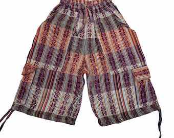 Bohemian Comfy High Waist Cargo Shorts 4 Pockets Size M - Versatile Unisex Style Shorts - Orange Plum Gray