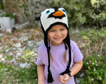 Penguin Beanie Hat Handwoven Wool Fleece Lined Kids Adults Stretchy Warm Winter Animal Hat