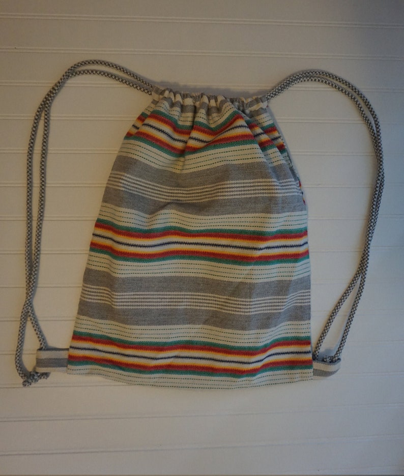 Boho Bag Big Striped Drawstring Backpack Summer Backpack Gray Green White Cinch Sack Ethnic Bag